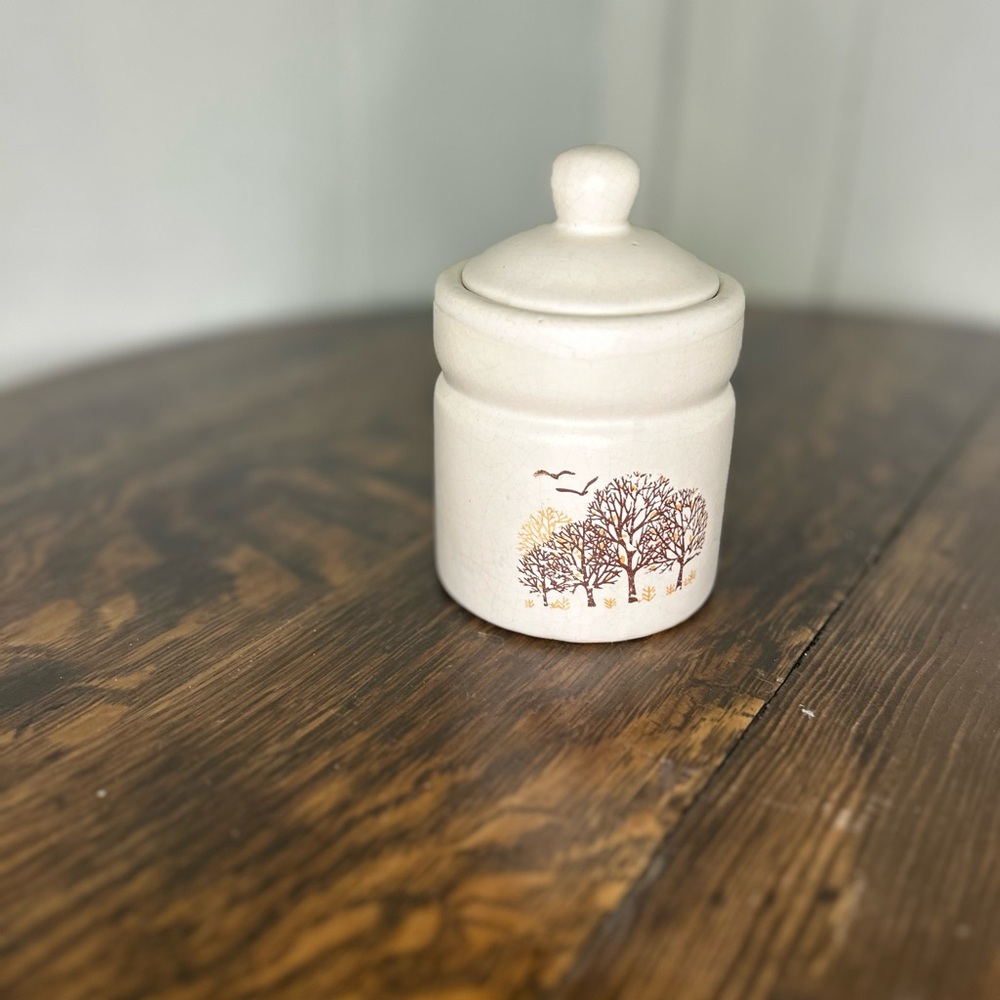 Small Vintage 1970s “Owl and Tree” Matte Ceramic Jar with Lid MCM Made in Taiwan